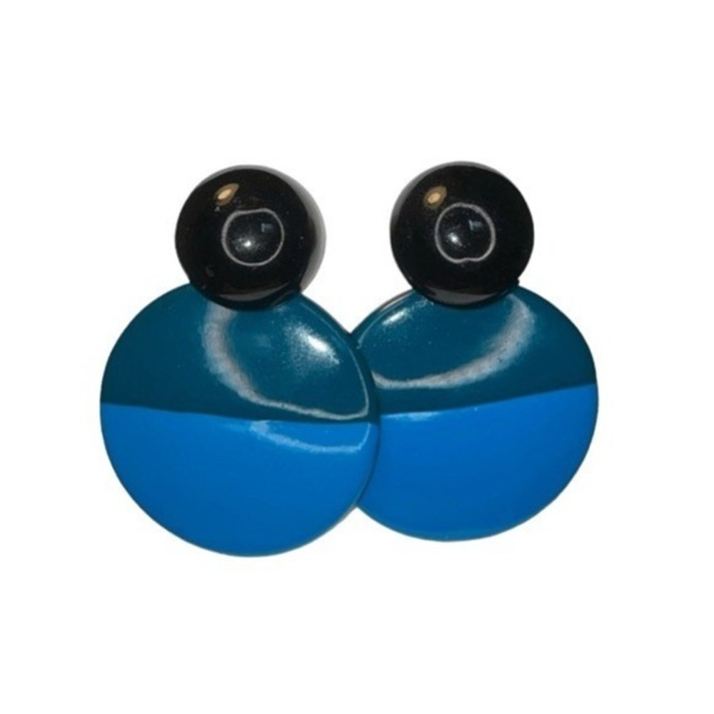 Vintage 80s Colorblock Earrings Blue Black Green Metal Round Dangle Pierced